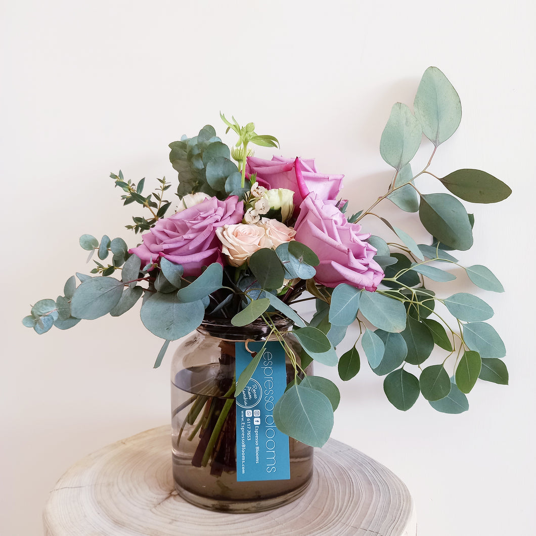 Vase + Violet Hill Rose Bouquet (Medium)